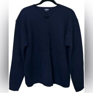 BKE Women’s Navy Lambswool Angora V Neck Raw Edge Sweater Lagenlook Scandi Large